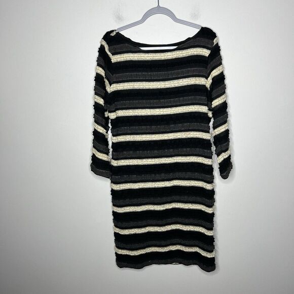 Sharagano Dress Womens Size 14 Striped Textured 3/4 Sleeves Boho Fall Black - Picture 11 of 13